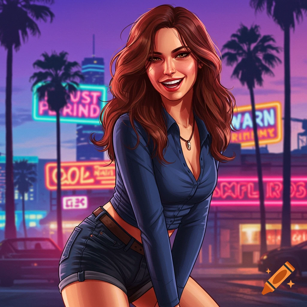 Stylized image of a female character in GTA style with wavy brown hair, standing in front of neon signs in a city at night.