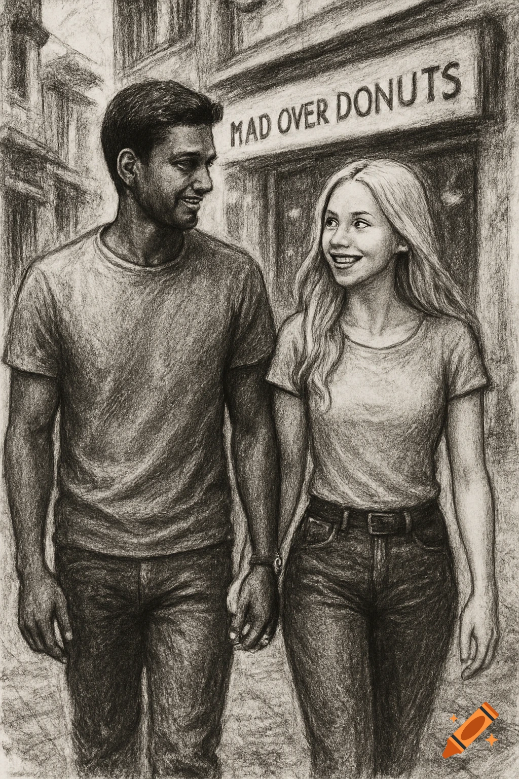 Charcoal drawing of a couple walking hand-in-hand past a shop with a sign reading 'Mad Over Donuts'