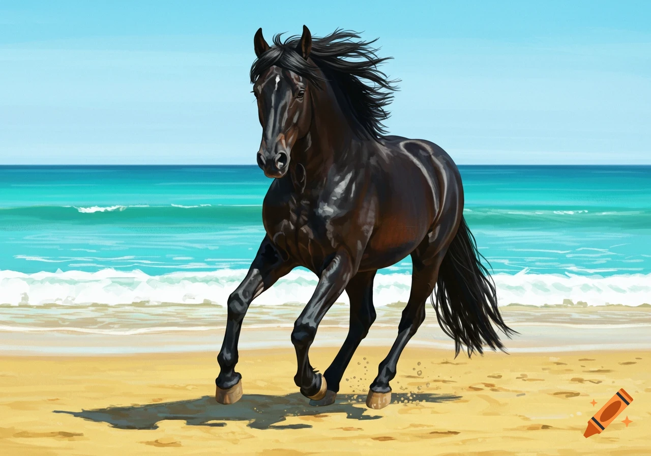 Dark horse runs on a sunny beach with waves behind it.