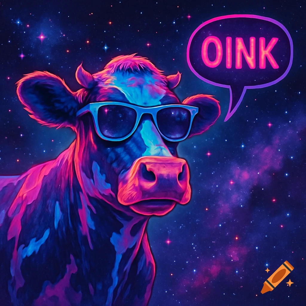 Cool neon cow in space wearing sunglasses with a speech bubble saying OINK.