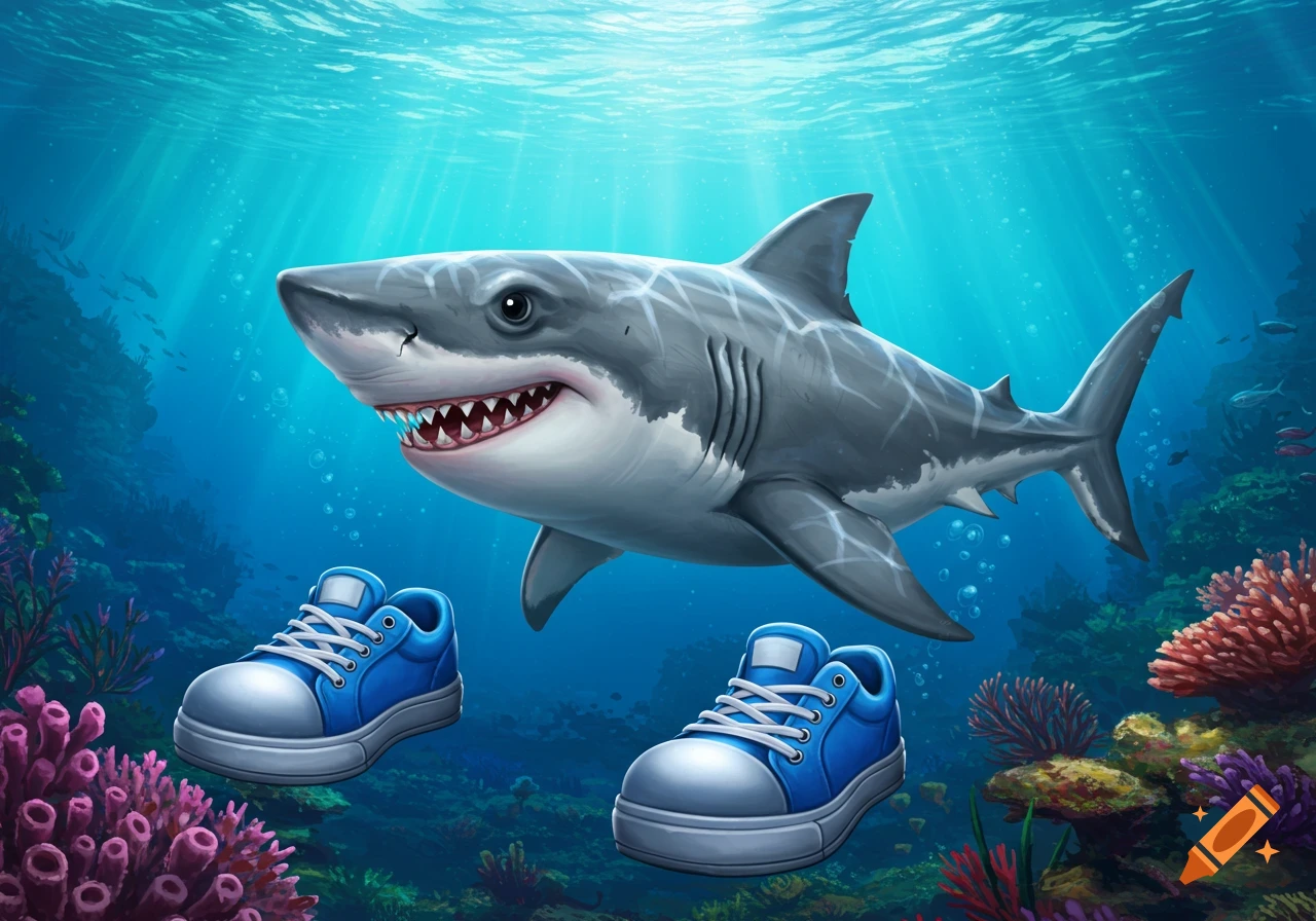 Cartoon shark swimming underwater with blue shoes.