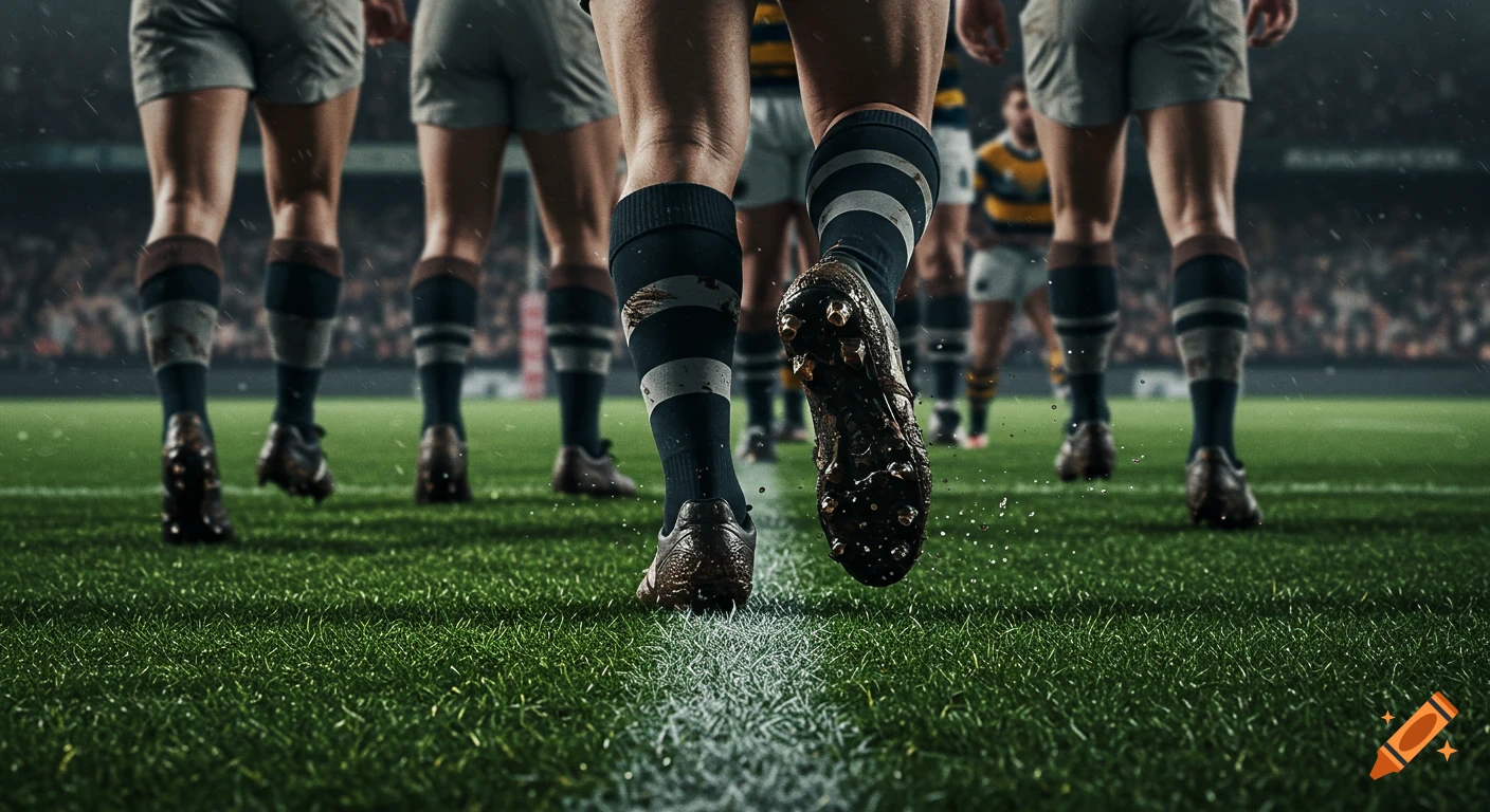 Close-up, low angle view of rugby players' boots and lower legs running on a muddy green field, photorealistic.