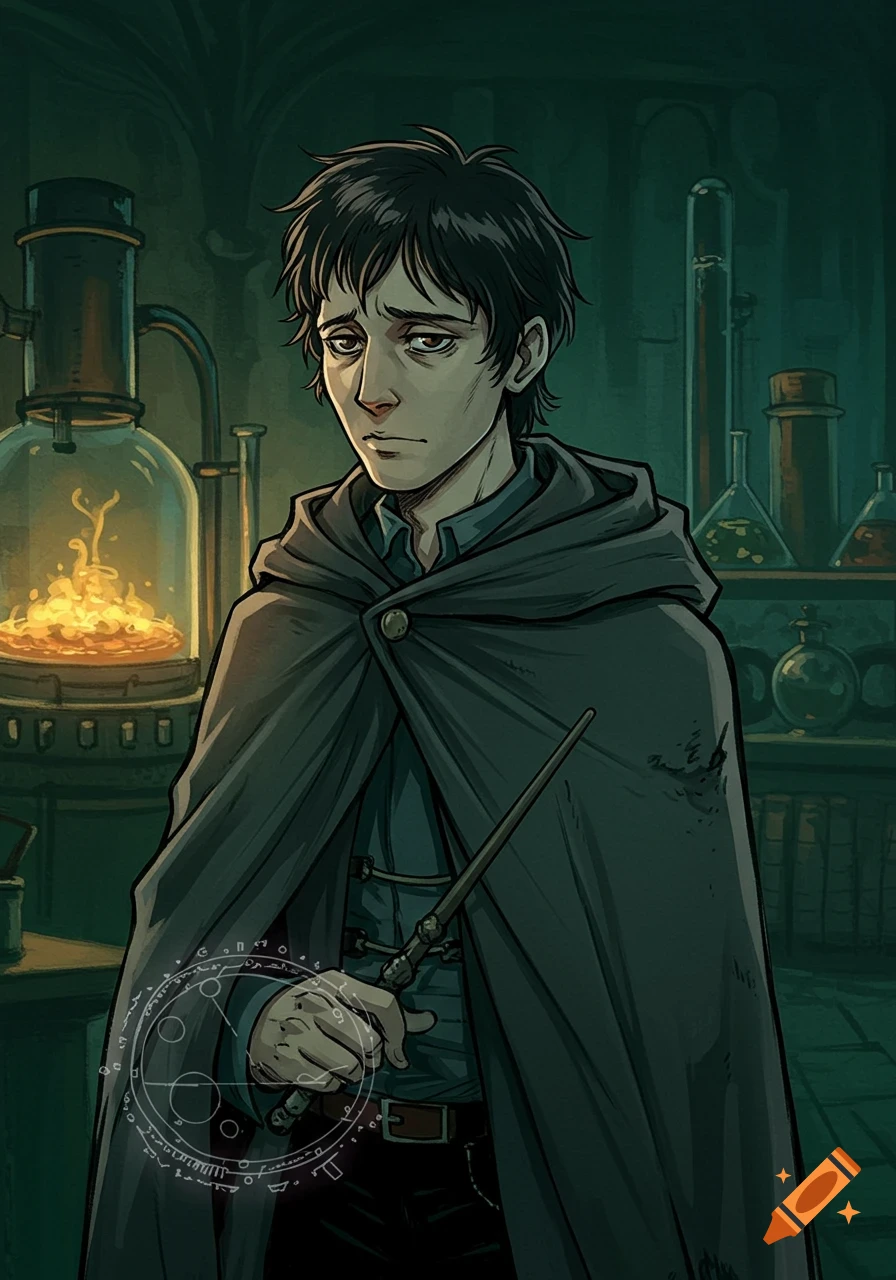 Illustration of a somber wizard in a hooded cloak holding a wand in an alchemy lab, drawn in an anime style.