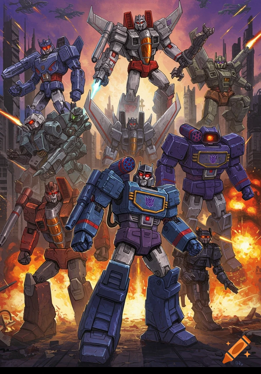 A group of Decepticon Transformers, including Soundwave, Starscream, and Megatron, stand among ruins and explosions in an illustration.