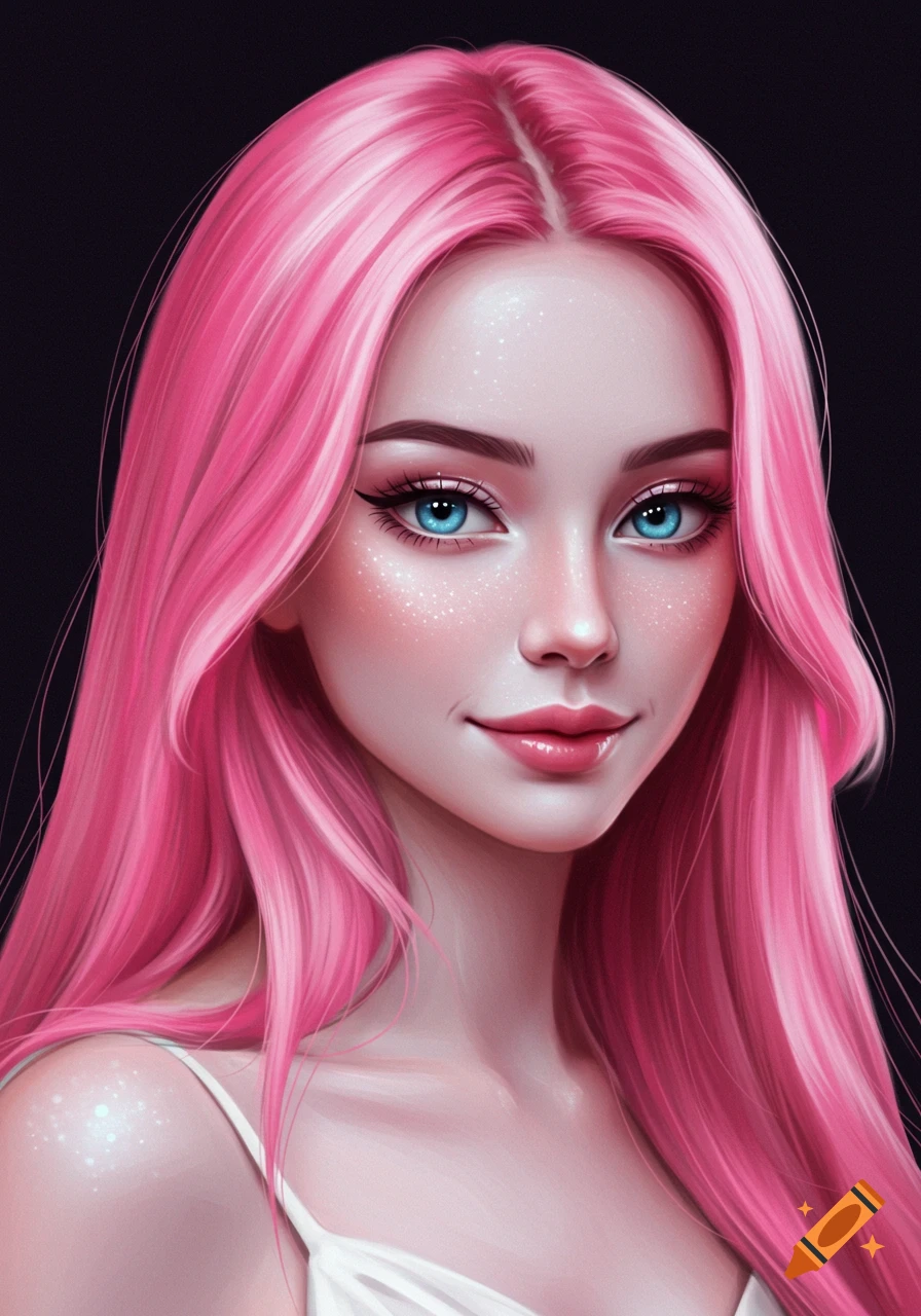 Digital art portrait of a woman with pink hair and blue eyes