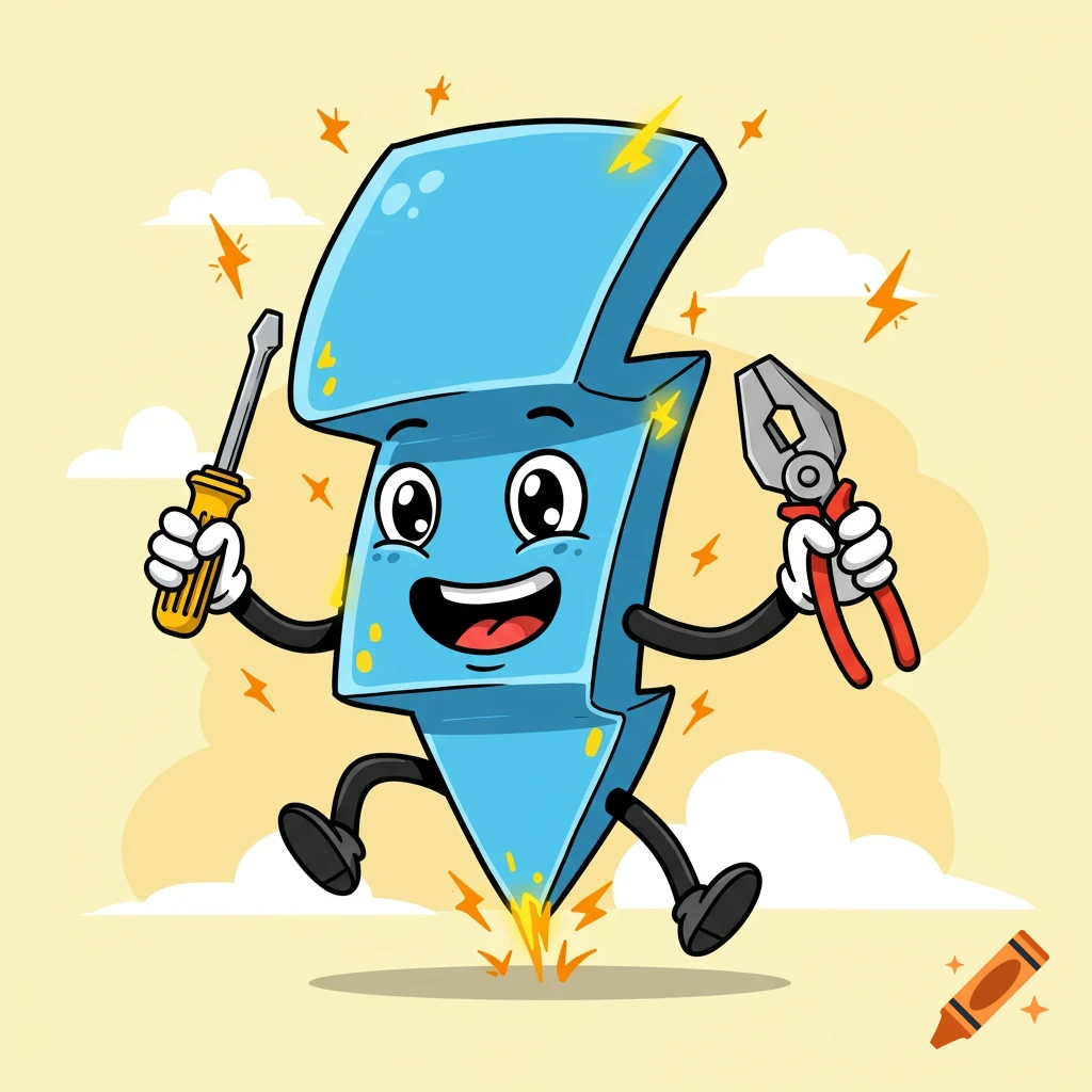 A cartoon lightning bolt character smiling and holding a screwdriver and pliers, cartoon style.