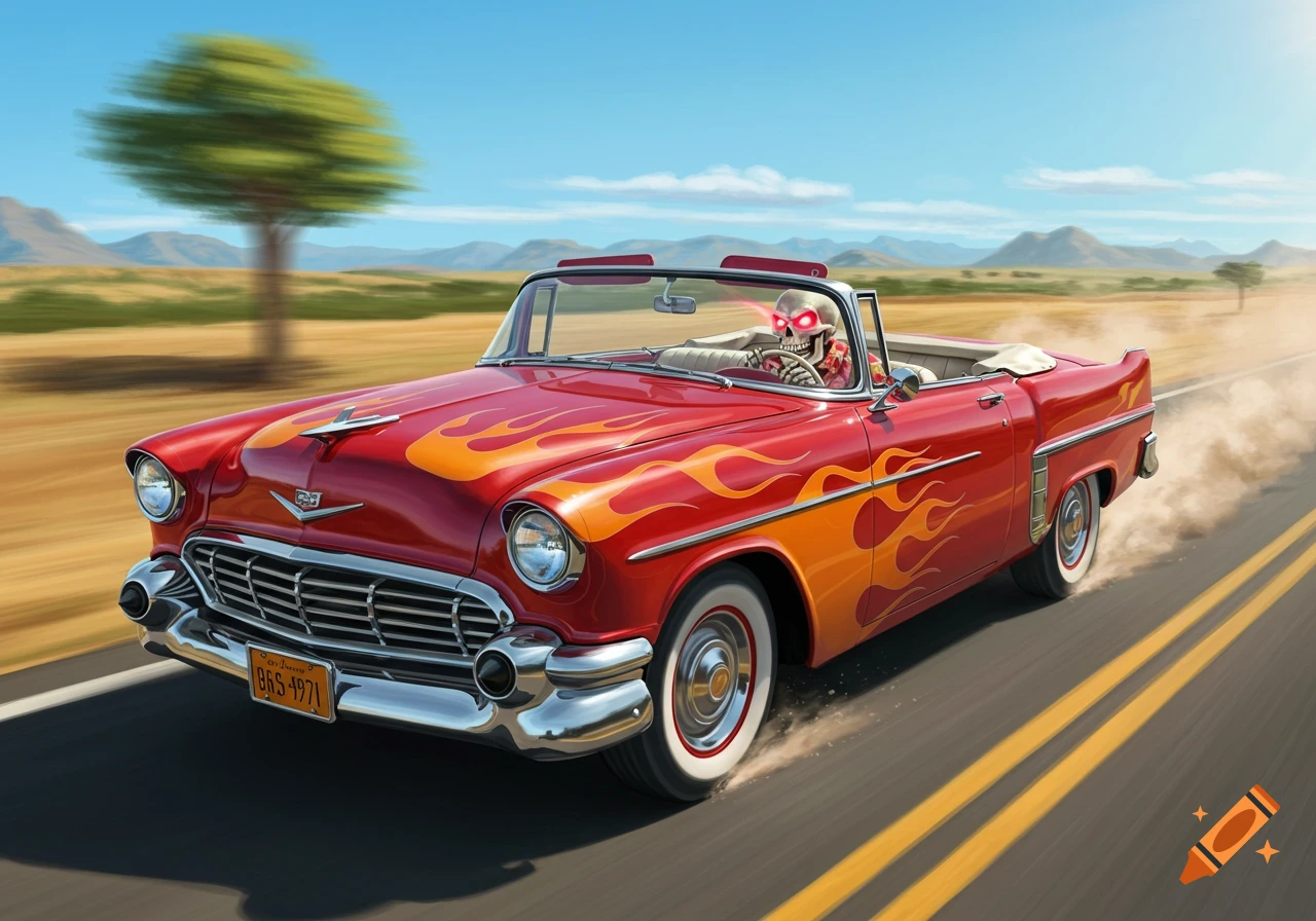 A skeleton drives a red classic car with flames down a desert road.