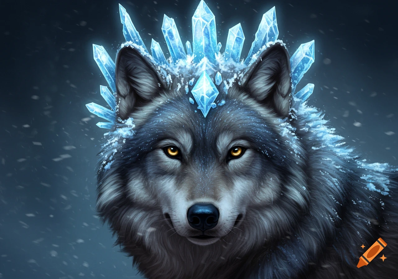 Close-up of a wolf wearing a crown made of glowing blue ice crystals in a snowy environment.