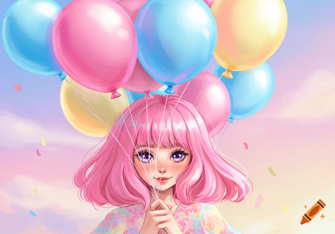 Stylized anime illustration of a girl with pink hair holding colorful balloons against a pastel sky.