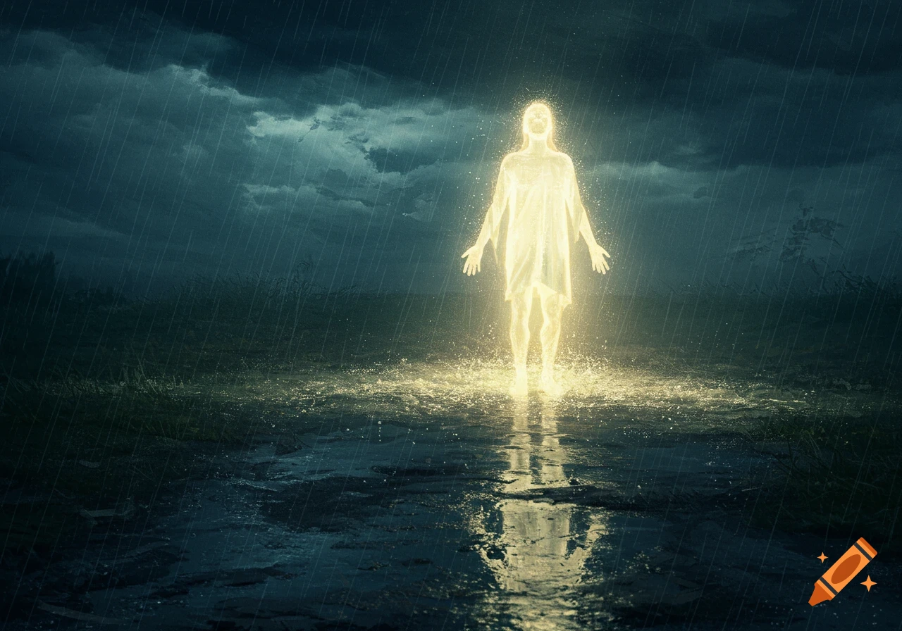 A glowing figure stands in shallow water in heavy rain under dark clouds.