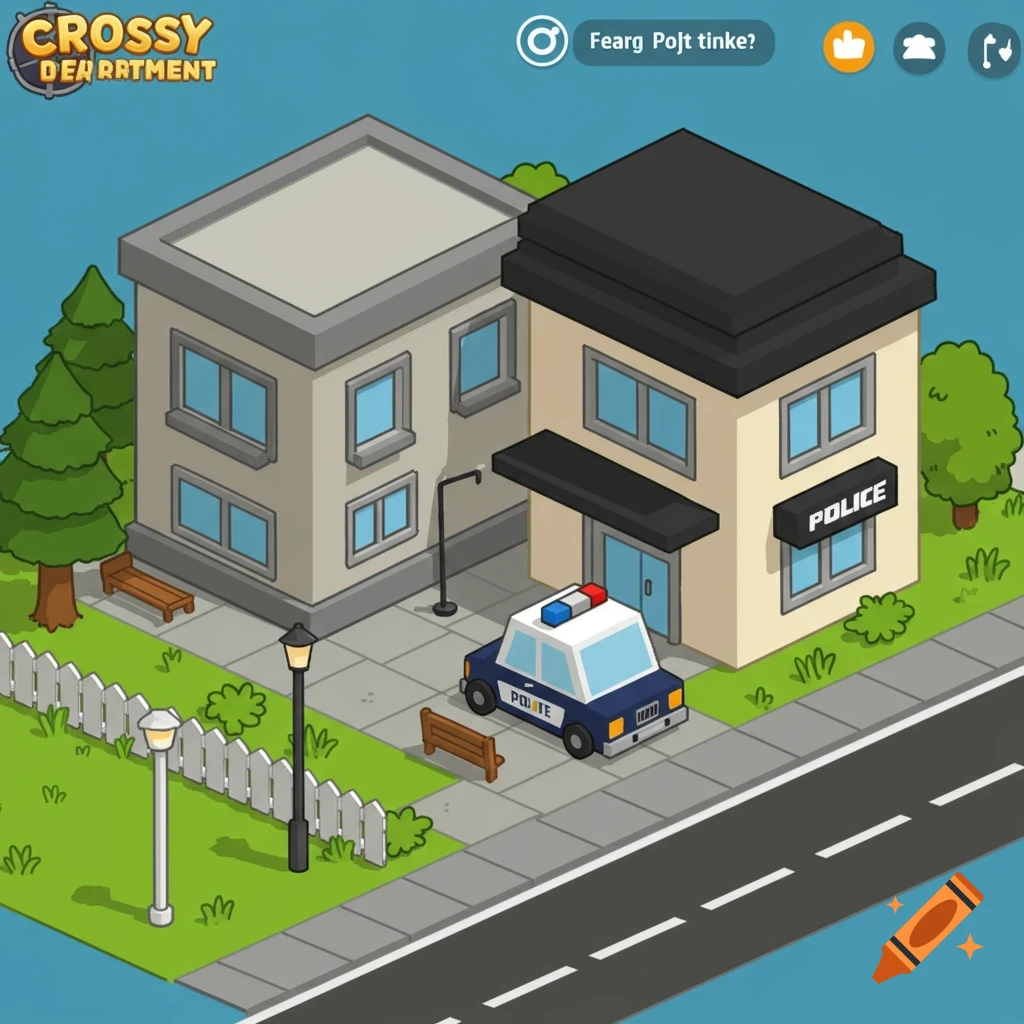 An isometric cartoon image in the style of Crossy Road shows a police department building and a police car.