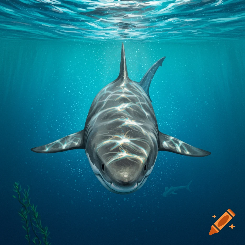 A shark swims underwater, seen from the front with light patterns reflecting on its back.