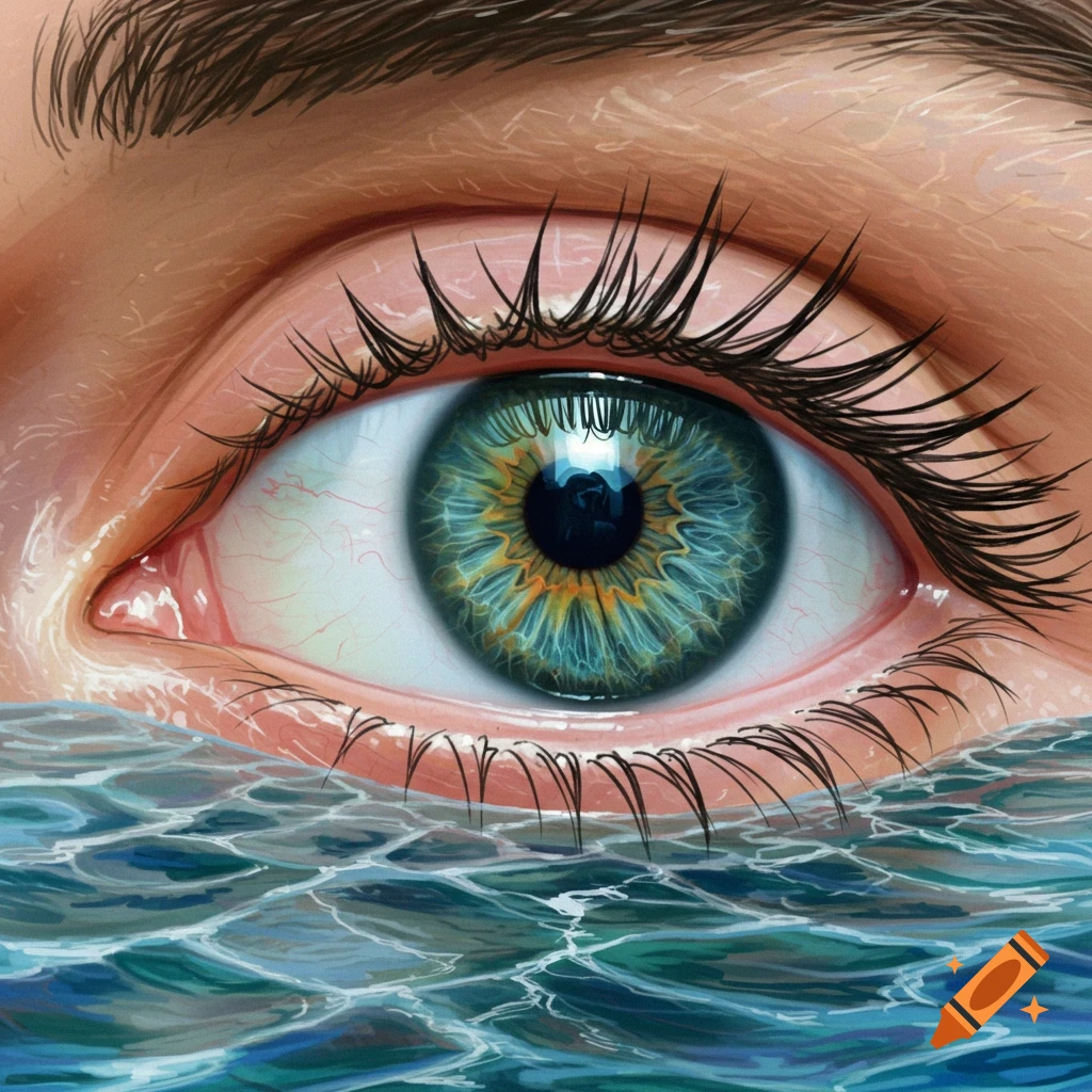 Painting of a human eye partially submerged in turbulent water.
