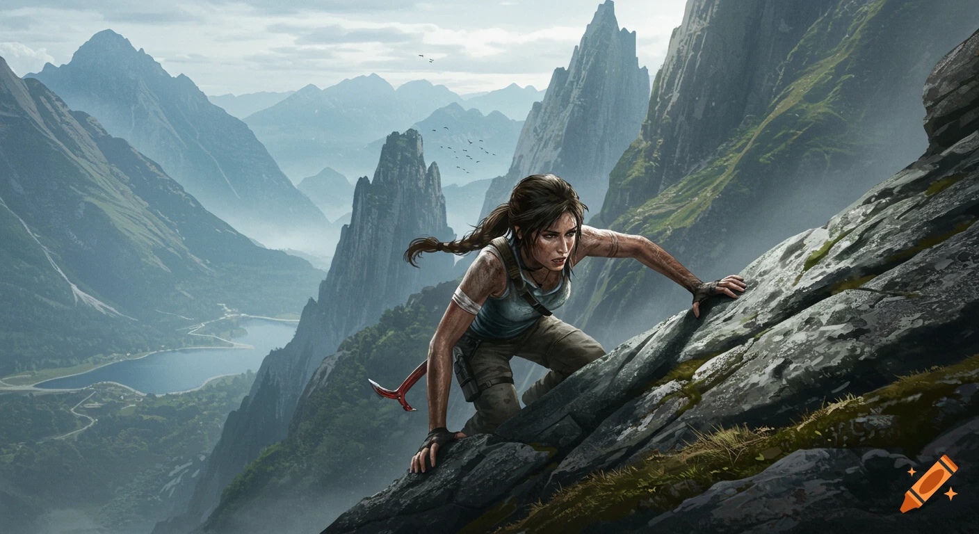A woman climbing a mountain with jagged peaks and a lake in the background, cinematic style.