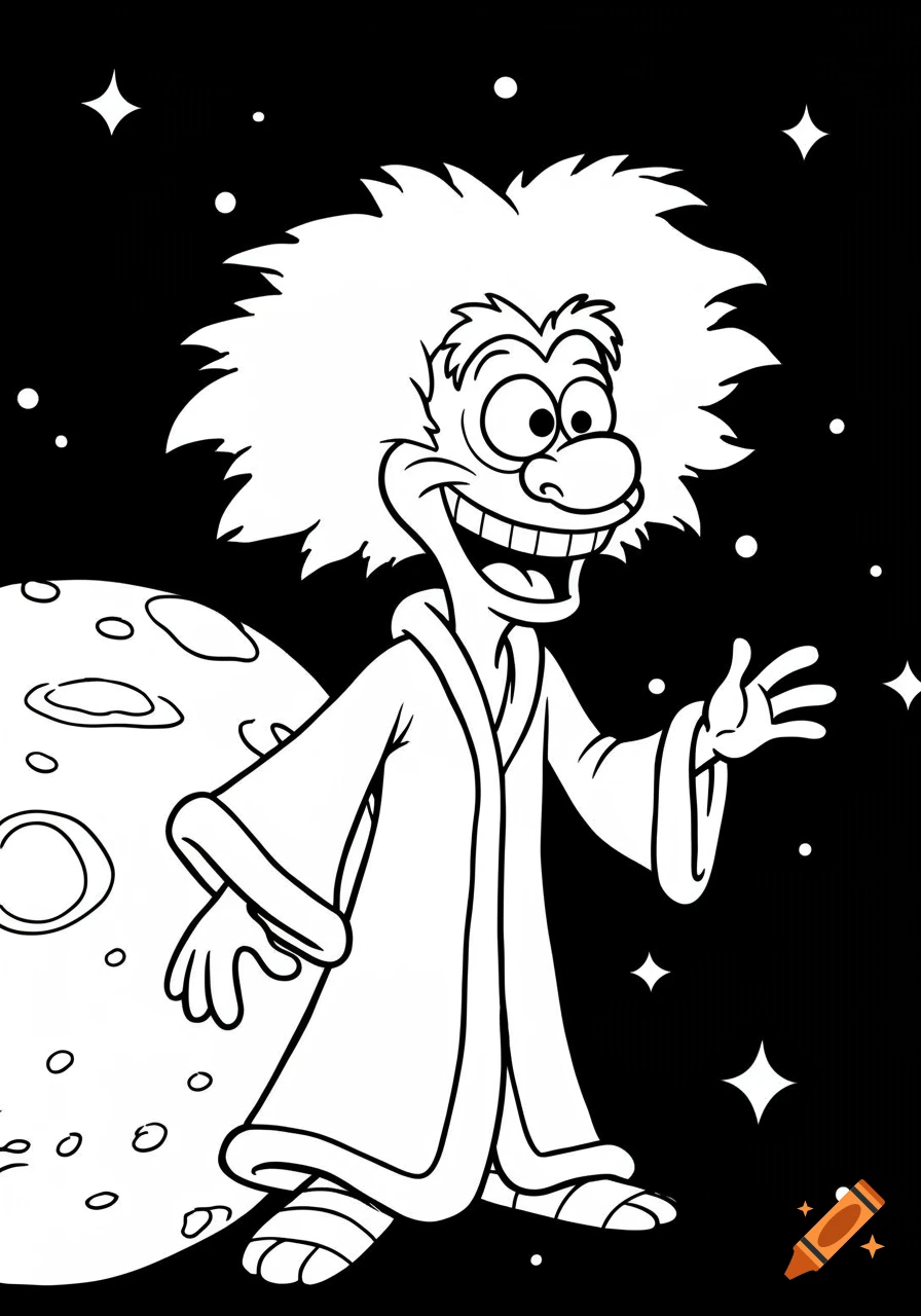 Black and white coloring page of a cartoon character resembling Yogurt from Spaceballs standing in space next to a planet.