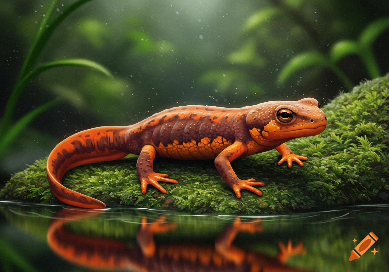 An orange and brown newt sits on a mossy log at the edge of water.
