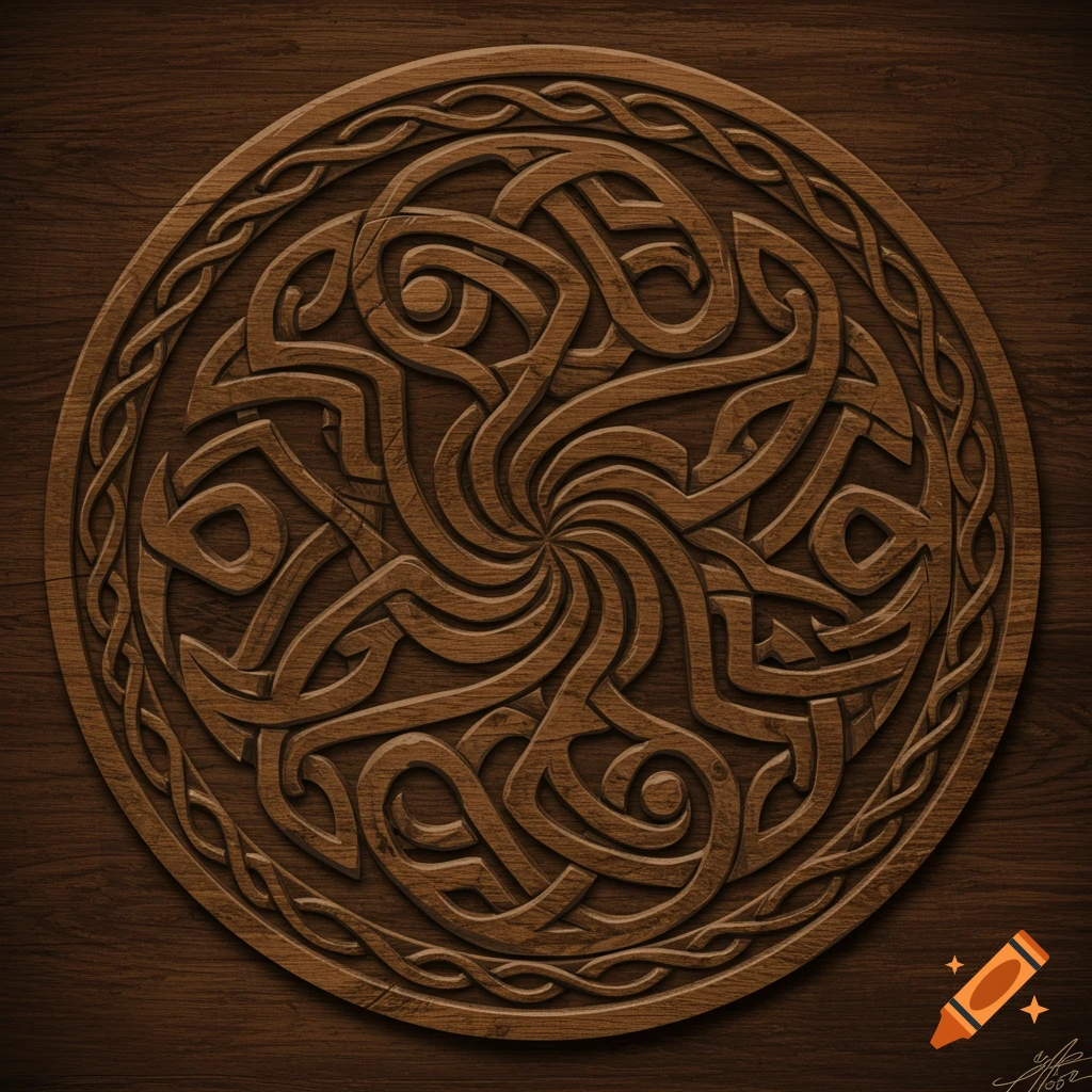 A circular wooden carving featuring intricate Celtic knotwork.