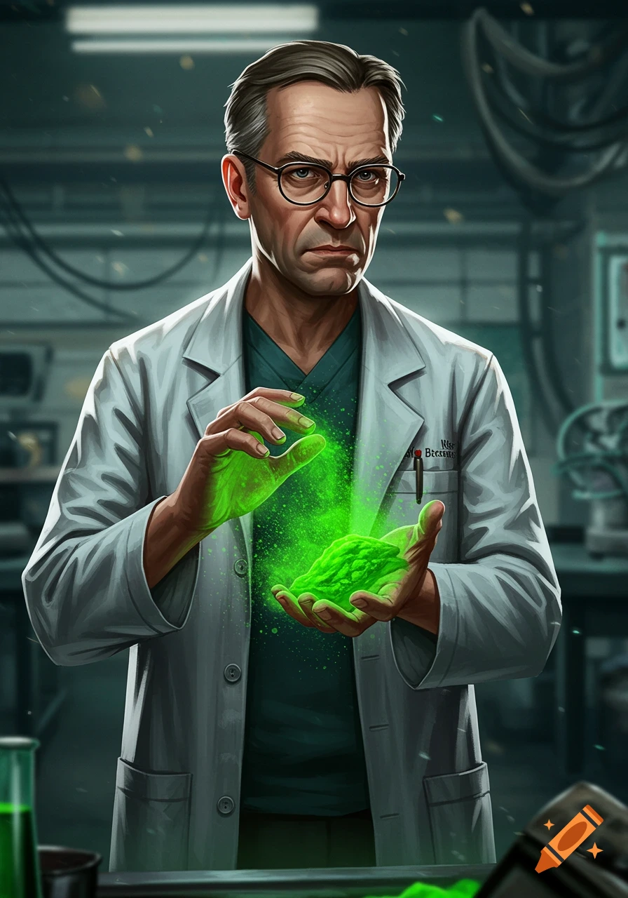 A scientist in a lab coat holding glowing green powder in his hands in a laboratory.