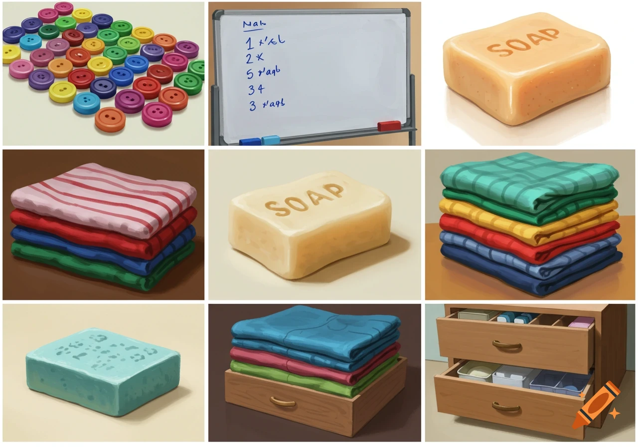 A 3x3 grid of rendered illustrations of everyday objects, including colorful buttons, a whiteboard, bars of soap, folded clothes, and drawers.