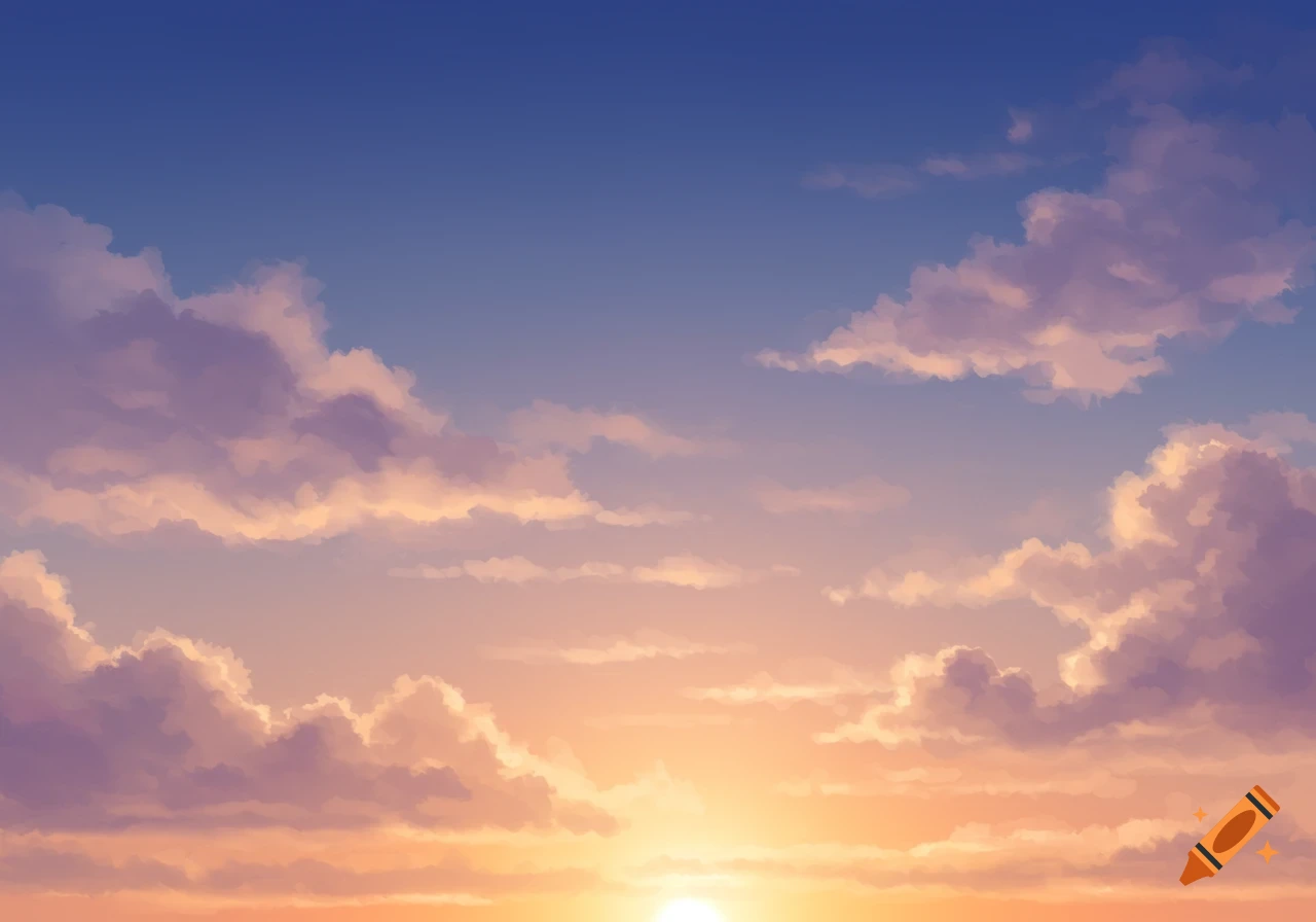 Illustrated sunset sky with clouds.
