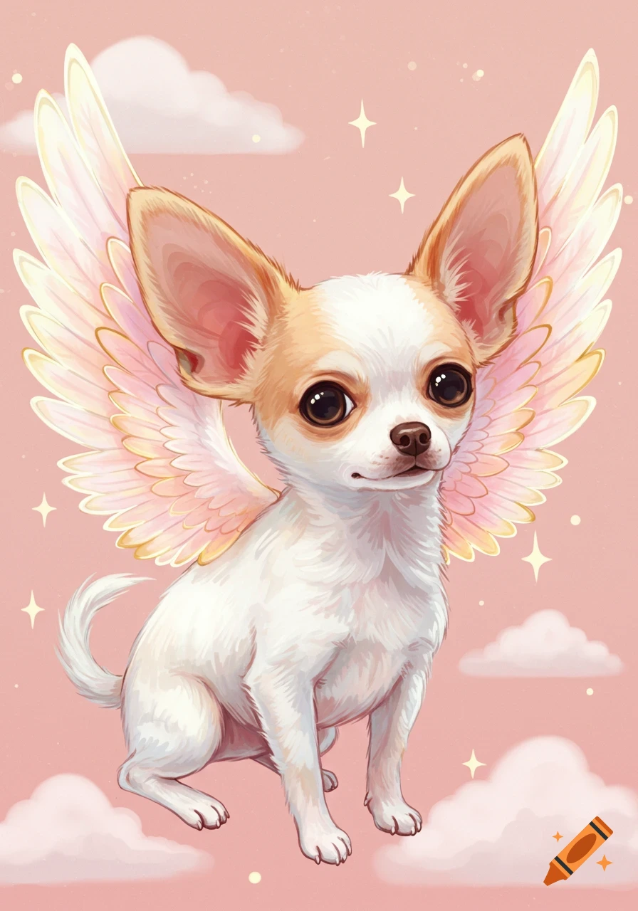 Illustration of a cute chihuahua with angel wings flying among pink clouds and stars.