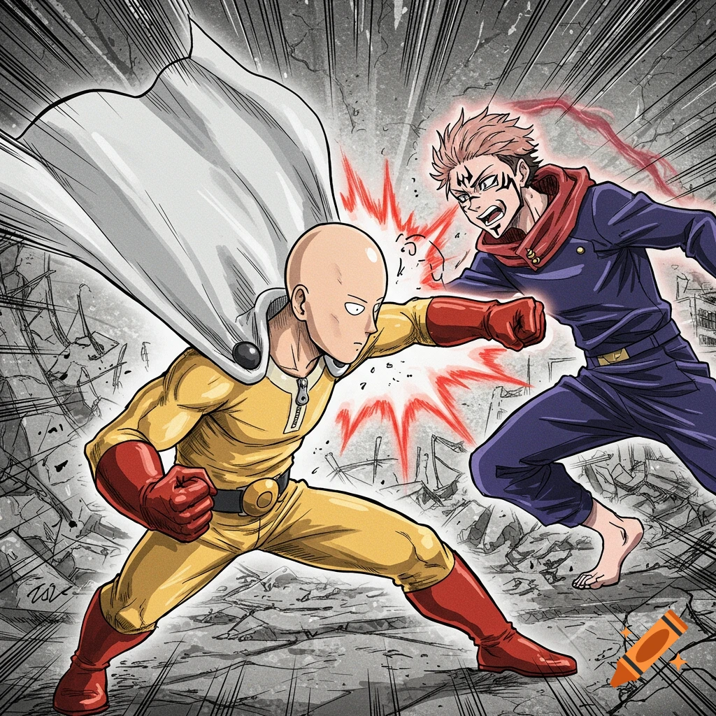 Saitama punches Sukuna in an anime-style fighting scene.