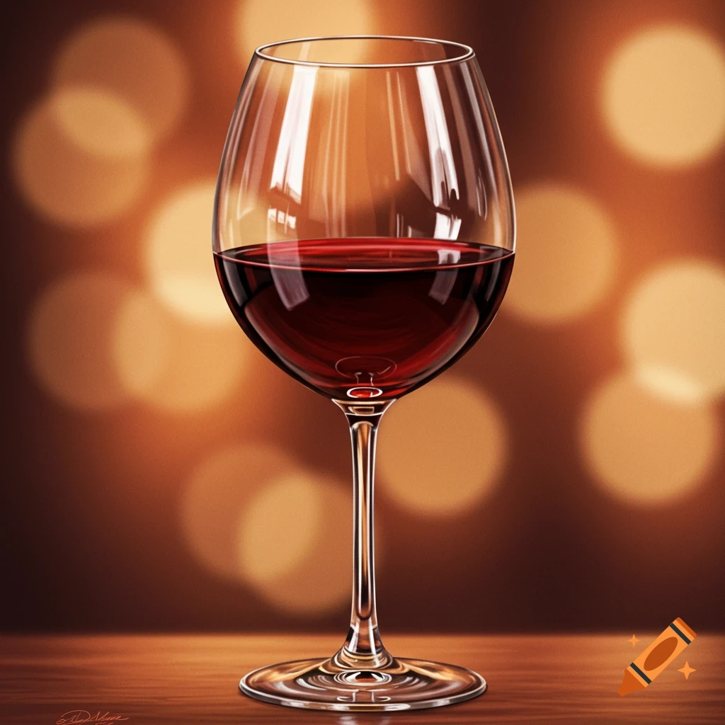 A glass of red wine sits on a table with a blurred background of lights.