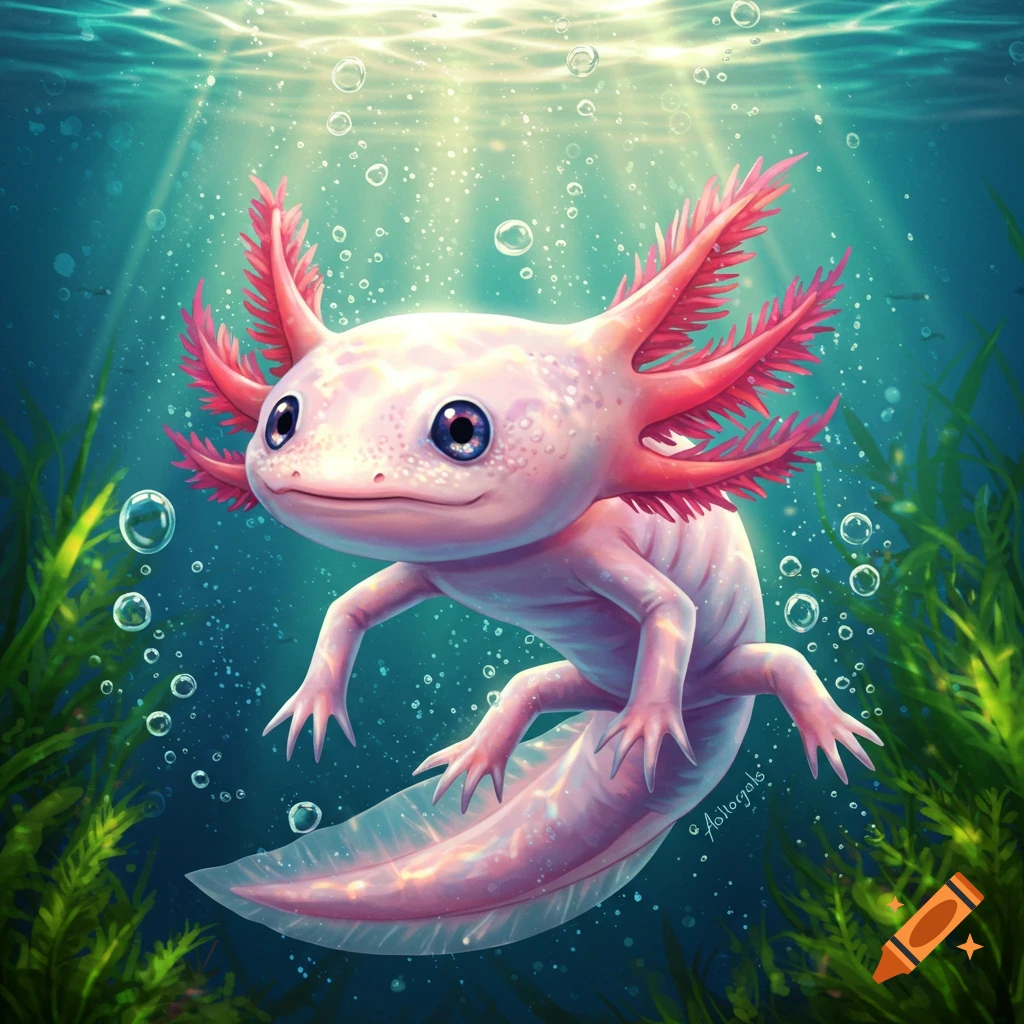 Cute pink axolotl swimming in a bright underwater illustration