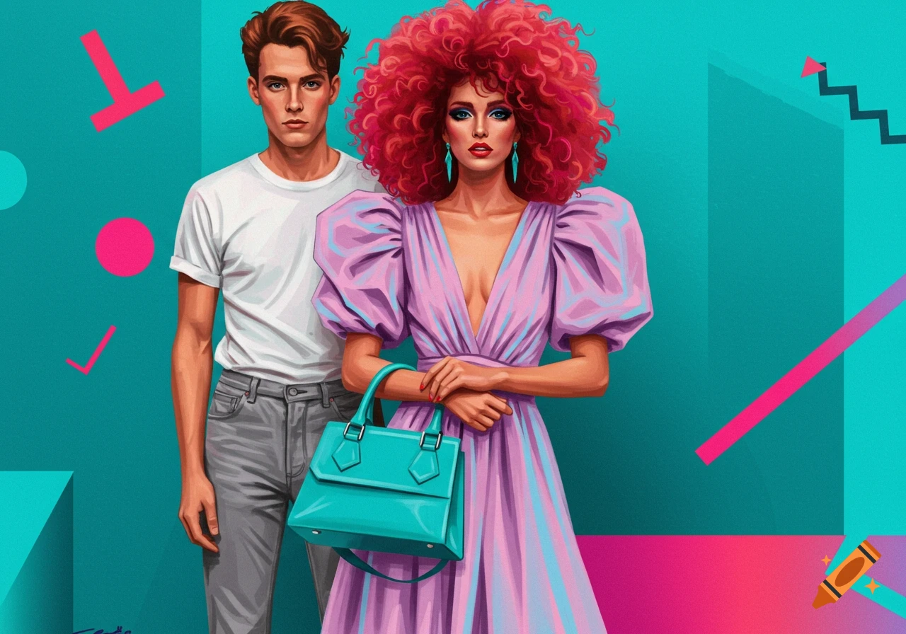 Man and woman in 1980s fashion poses against geometric background