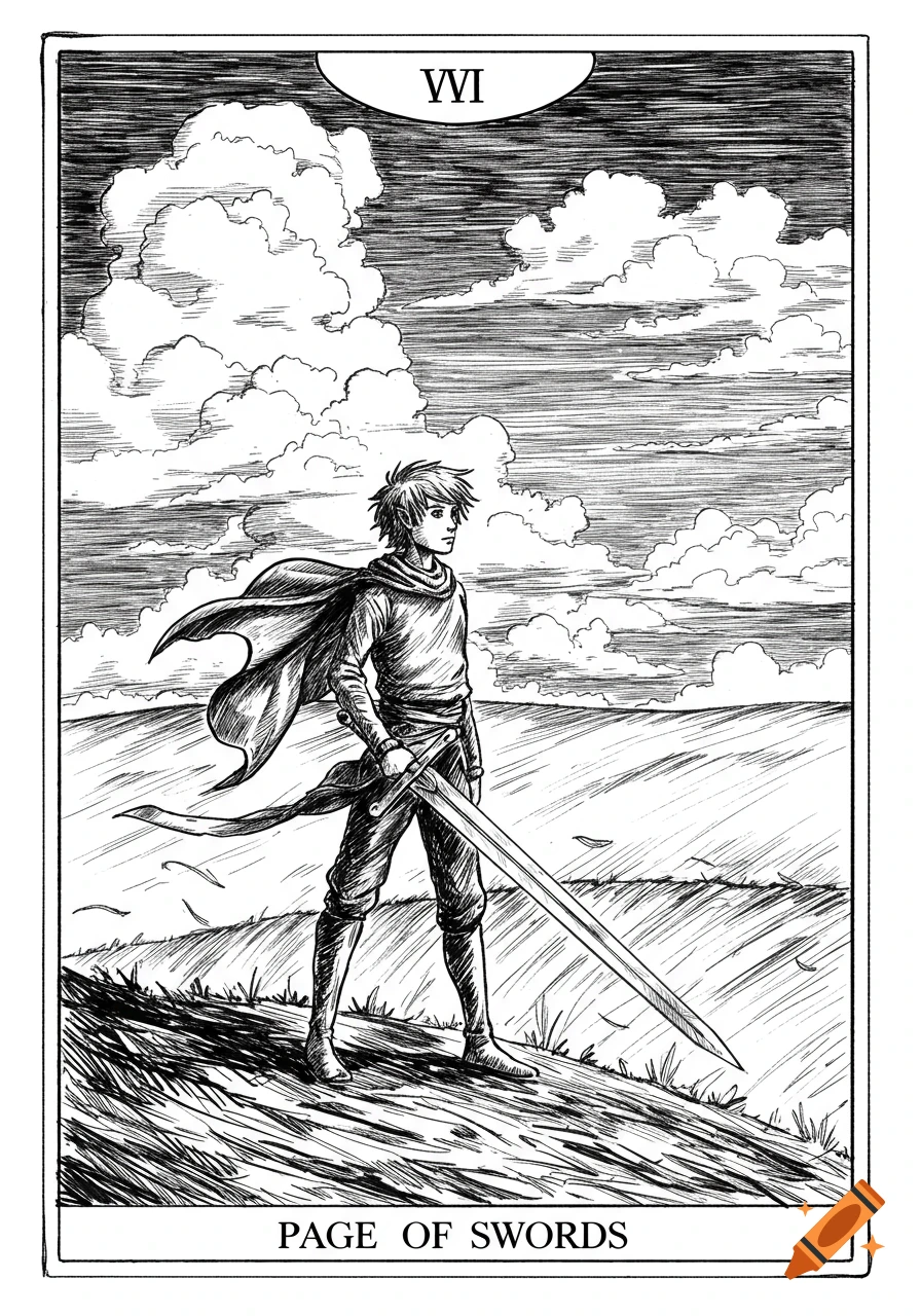 Black and white ink sketch of a youth with a sword standing on a windy hill under dramatic clouds. Text reads "PAGE OF SWORDS".
