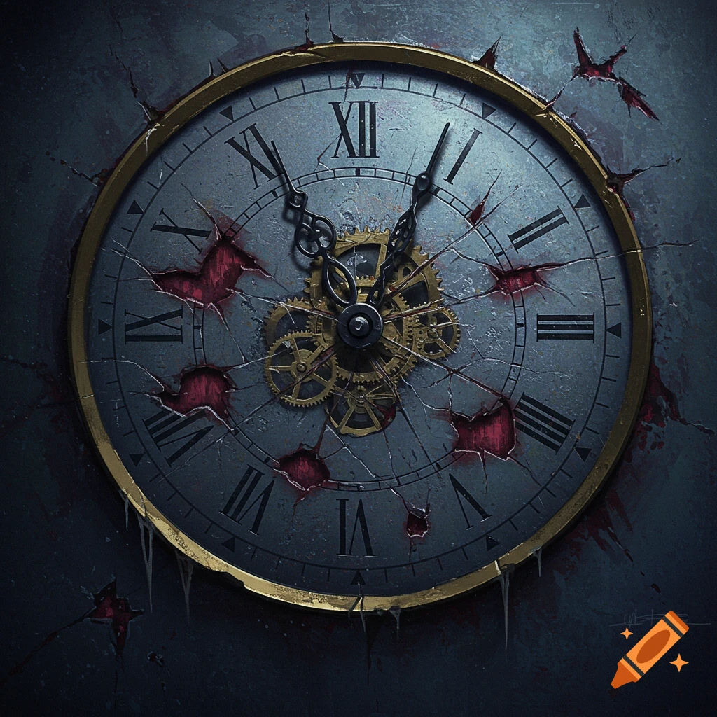 A cracked clock face with Roman numerals and gears leaks red liquid from deep fissures.