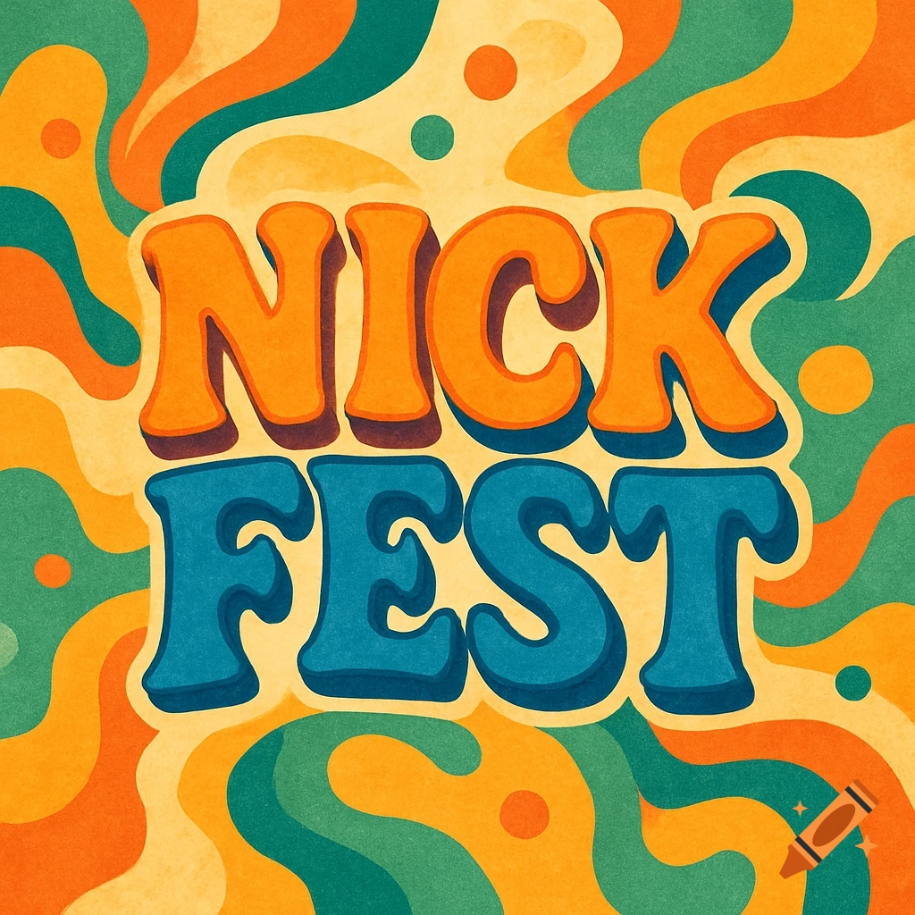Retro logo with orange and blue text NICK FEST over a wavy, psychedelic background in green, orange, and yellow.