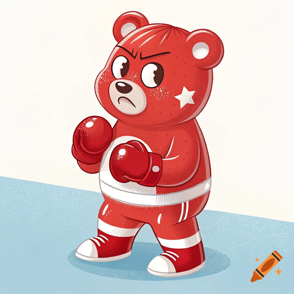 A red cartoon gummy bear wearing boxing gloves and a boxing outfit
