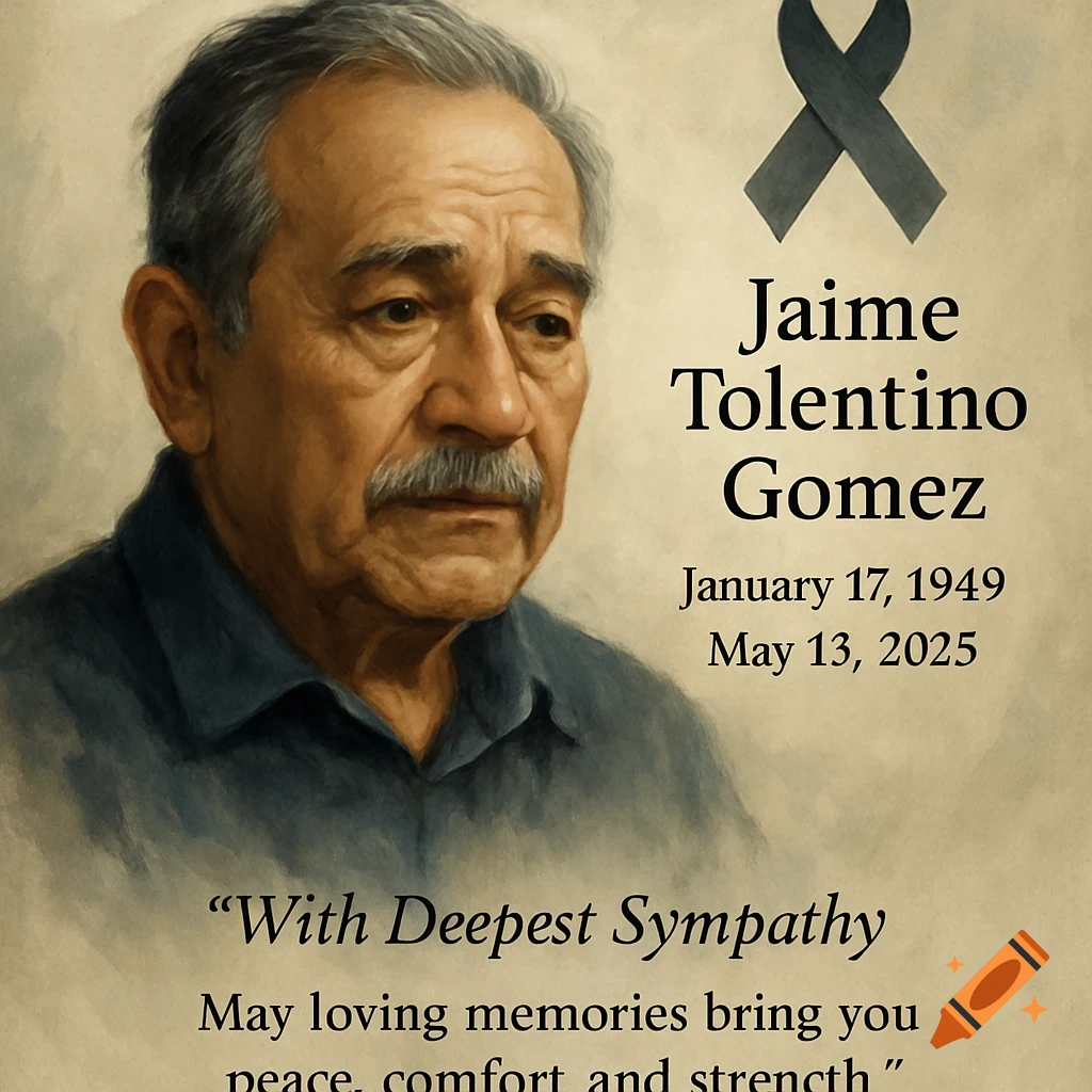 Portrait of an older man with memorial text: Jaime Tolentino Gomez, January 17, 1949 - May 13, 2025, and a sympathy message.