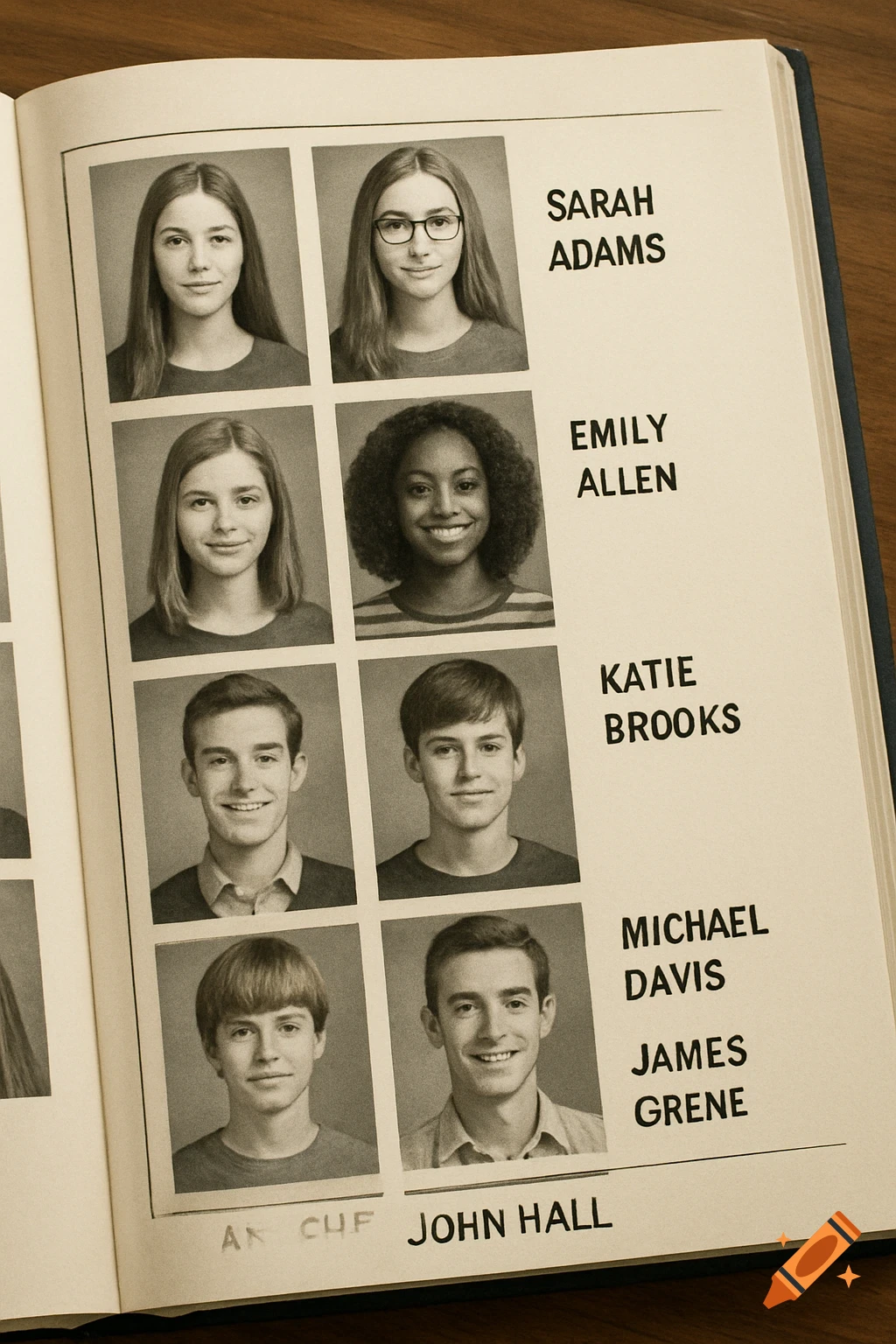 A black and white image of a school yearbook page showing rows of student portraits and their names.