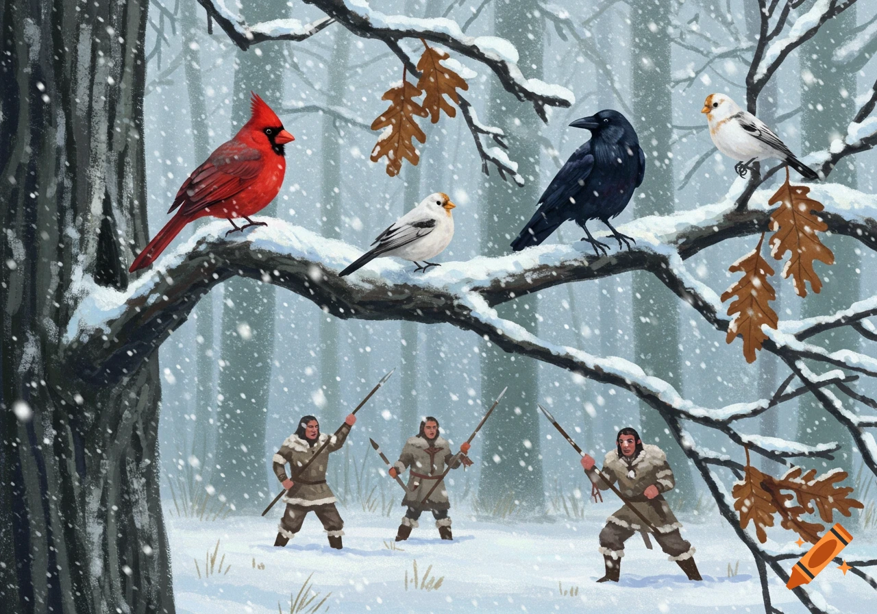 Illustration of a red cardinal, black crow, and white bird on a snowy tree branch above humans with spears in a winter forest.