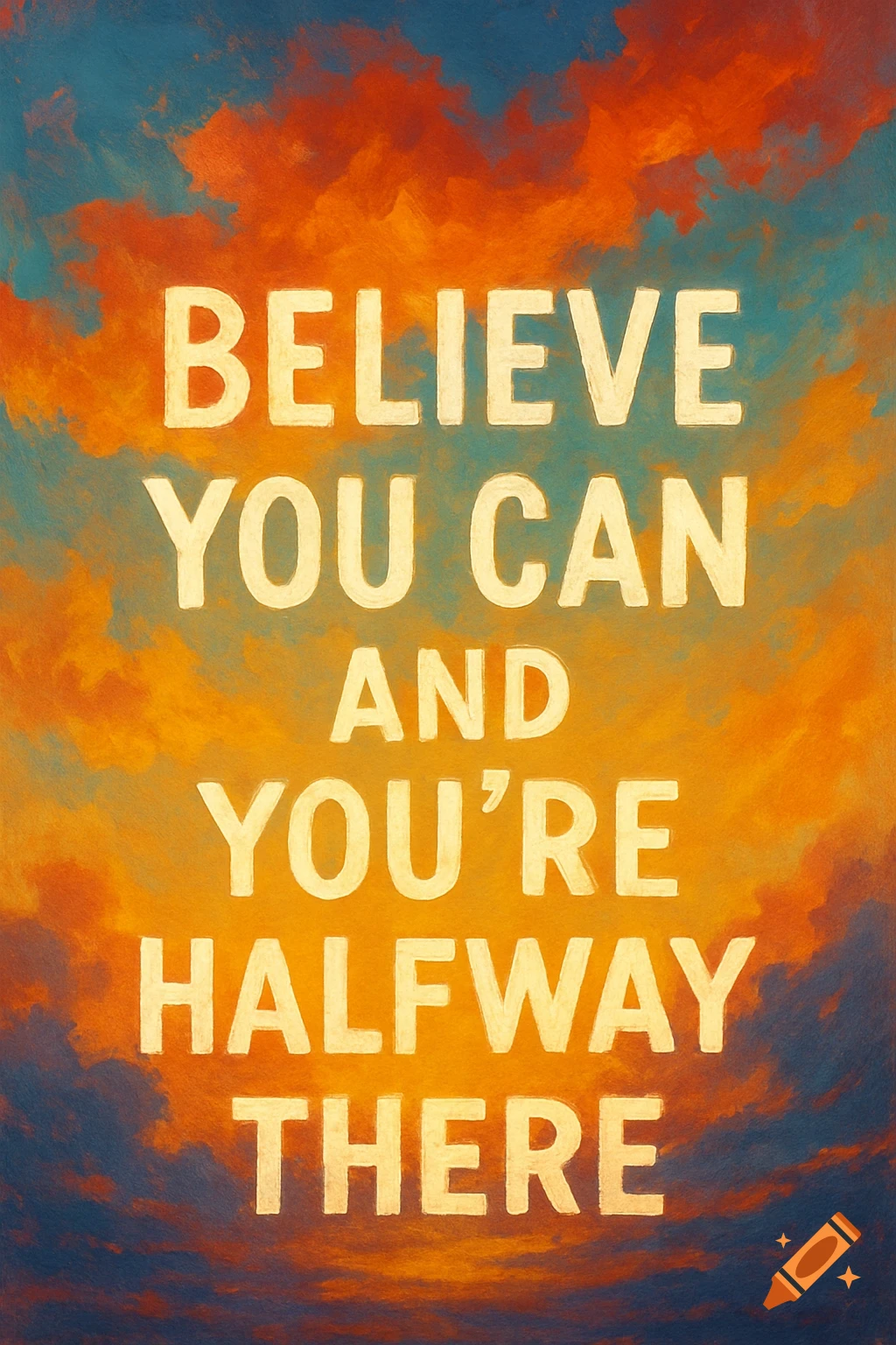 A painted image of a sky with warm orange and blue clouds. White text reads: "BELIEVE YOU CAN AND YOU'RE HALFWAY THERE"