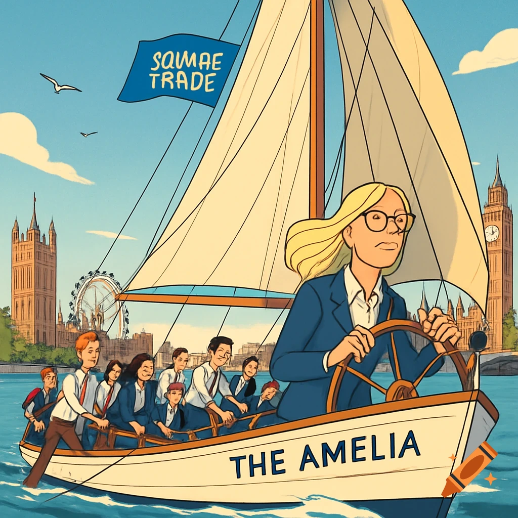 Cartoon of a woman sailing a boat with a crew on the Thames in London, with Big Ben and the London Eye visible.