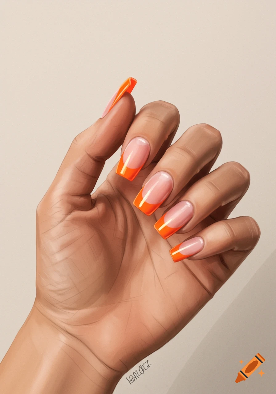 Close-up digital painting of a hand with long orange french tip nails.