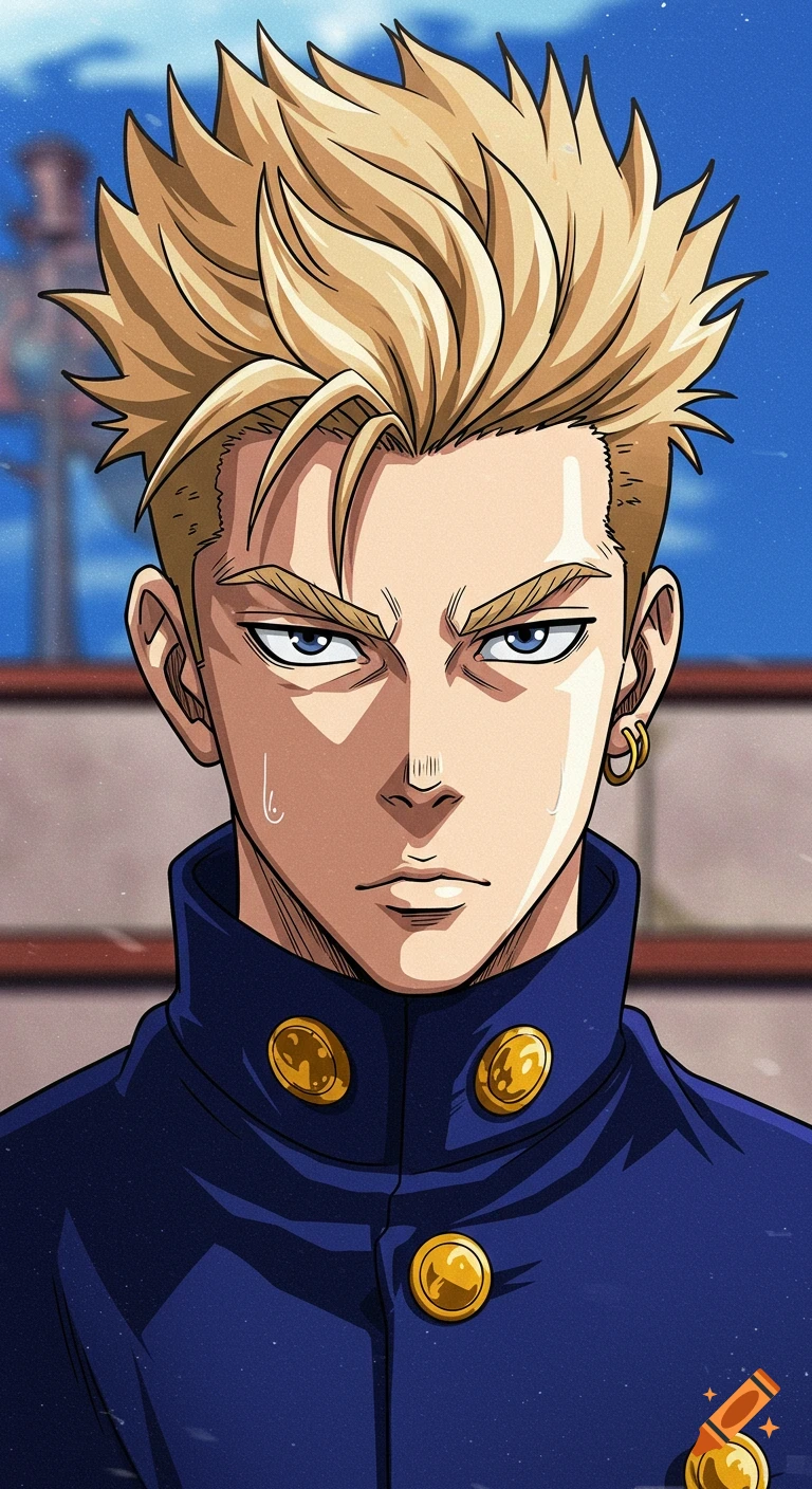 Anime portrait of a man with spiky blonde hair, blue eyes, and a navy blue uniform.