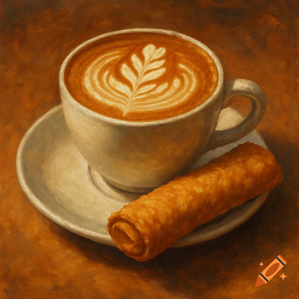 A close-up painting of a cappuccino with latte art and a crispito pastry on a saucer.