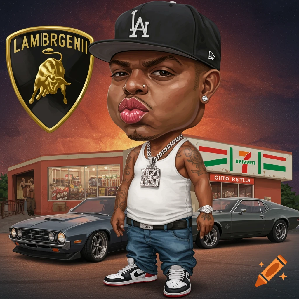 Caricature of a character with a large head and small body, wearing a tank top, jeans, sneakers, cap, and jewelry, standing in front of a store and cars.