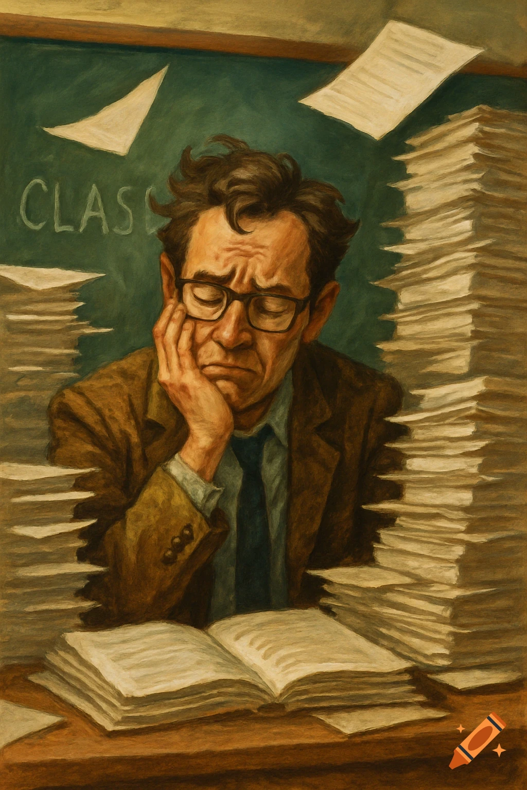 Illustration of a tired teacher sitting at a desk buried under piles of papers.