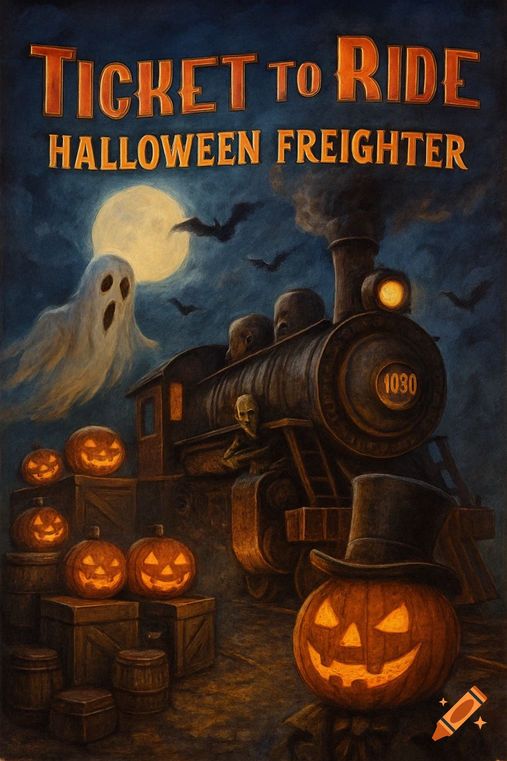 Spooky Halloween poster art of a train with text, ghost, pumpkins, bats, and full moon.
