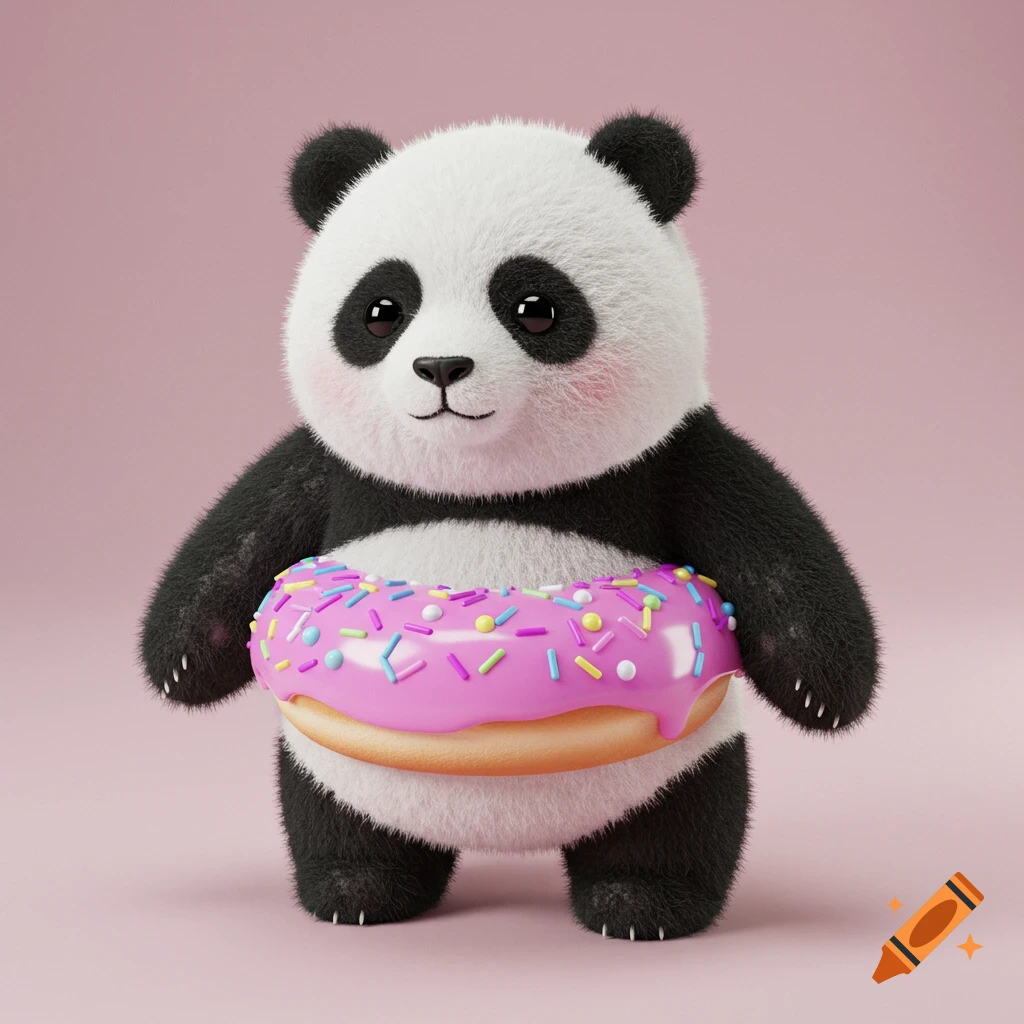 A cute 3D render of a panda holding a pink donut with sprinkles.