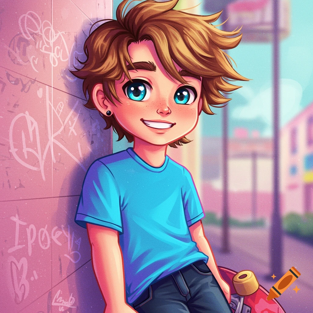 Cartoon illustration of a smiling teen boy leaning against a graffiti-covered wall, holding a skateboard.