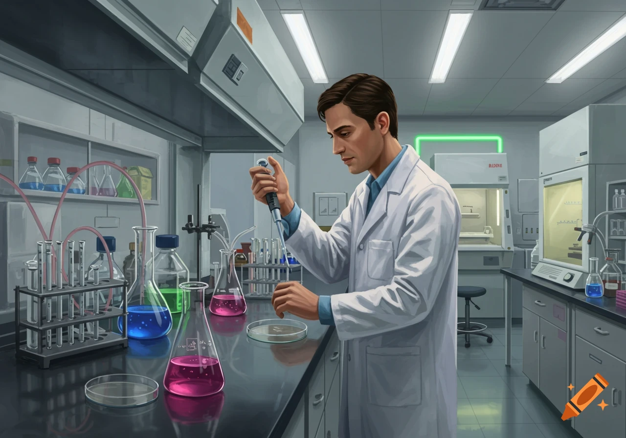 An illustration of a male scientist in a lab coat pipetting liquid into a petri dish in a laboratory.