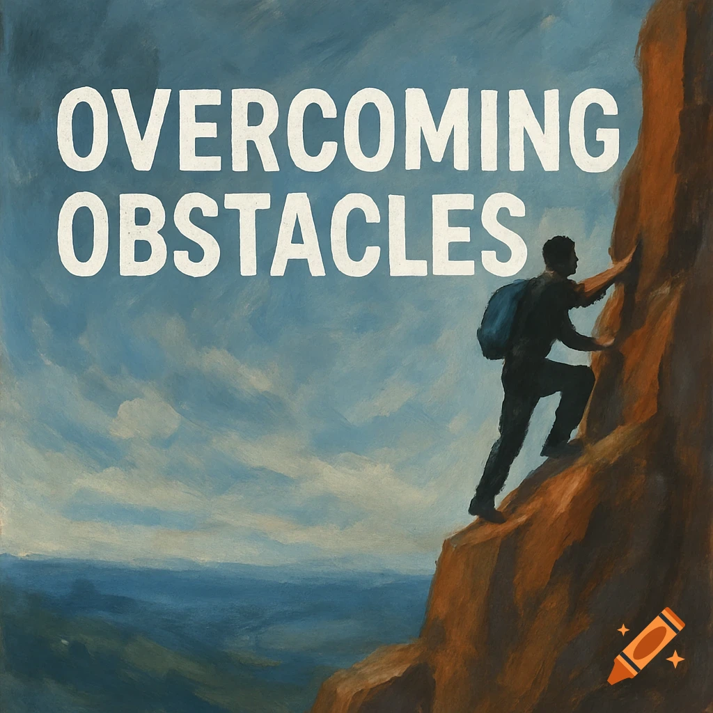 A figure climbs a steep mountain cliff under text reading "OVERCOMING OBSTACLES", in a painted style.