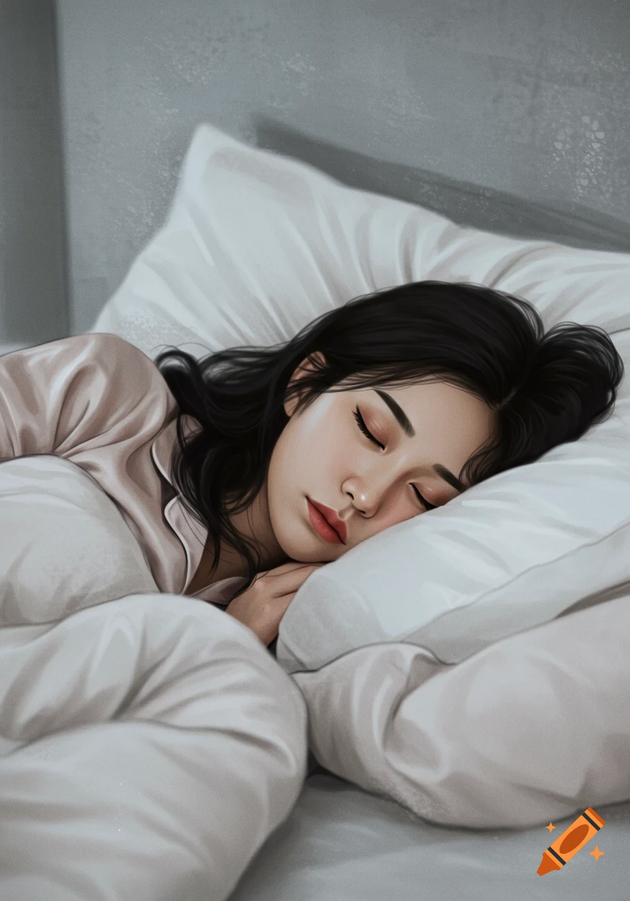 A woman sleeping peacefully in bed, digital painting.