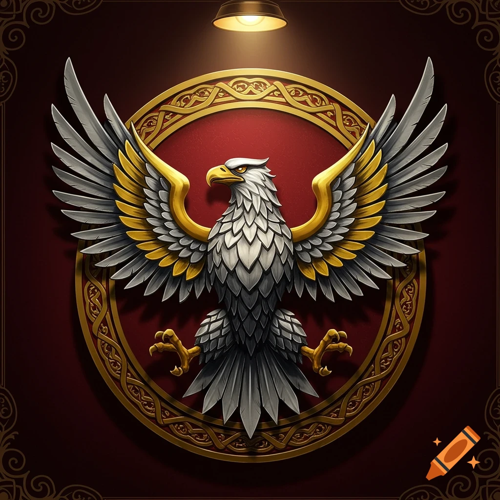 Stylized eagle emblem with spread wings inside a gold circular frame on a red background.
